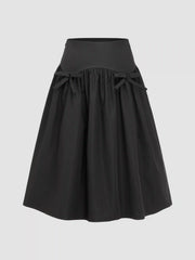 Mid Rise Bowknot Ruffle Solid Midi Skirt