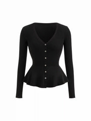 Knit V-neck Cinched Waist Button Cardigan