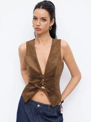 Suede V-neck Lace Up Blazer Vest