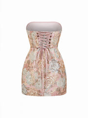 Jacquard Floral Lace Up Embroidery Smock Mini Dress