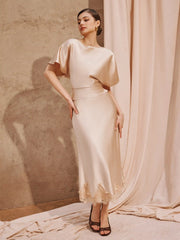 Satin Boat Neck Bowknot Top & Mid Rise Lace Trim Mermaid Maxi Skirt Set