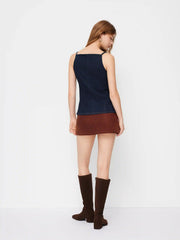 Stretch Denim Boat Neck Button Split Cami Top