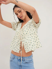 Cotton-blend V-neck Floral Tie Front Blouse