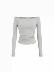 Cotton-blend Off-shoulder Lace Trim Ruched Long Sleeve Top