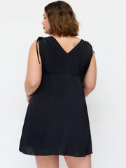 Satin V-neck Drawstring A-line Mini Dress Curve & Plus