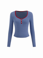 Striped Sweetheart Neck Long Sleeve Contrasting Binding Tee
