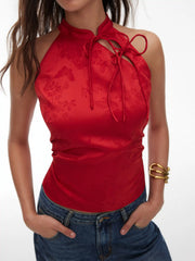 Satin Floral Jacquard Halter Neck Bowknot Cut Out Blouse