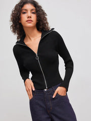Knitted Collar Solid Zipper Cardigan