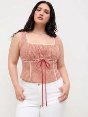 Gingham Square Neck Ruched Corset Tank Top Curve & Plus