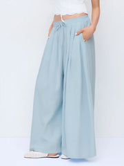 Cotton-blend Mid Rise Drawstring Ruched Wide Leg Trousers