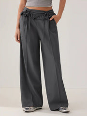 Mid Rise Ruffled Drawstring Wide Leg Trousers