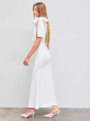 Boat Neck Solid Bowknot Maxi Dress