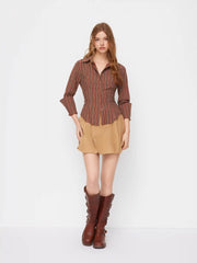 Collar Stripe Curved Hem Roll up Long Sleeve Blouse