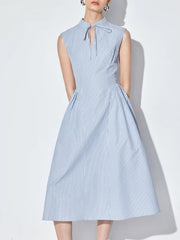 Cotton-blend Gingham Stand Collar Tie Neck Shirt Midi Dress