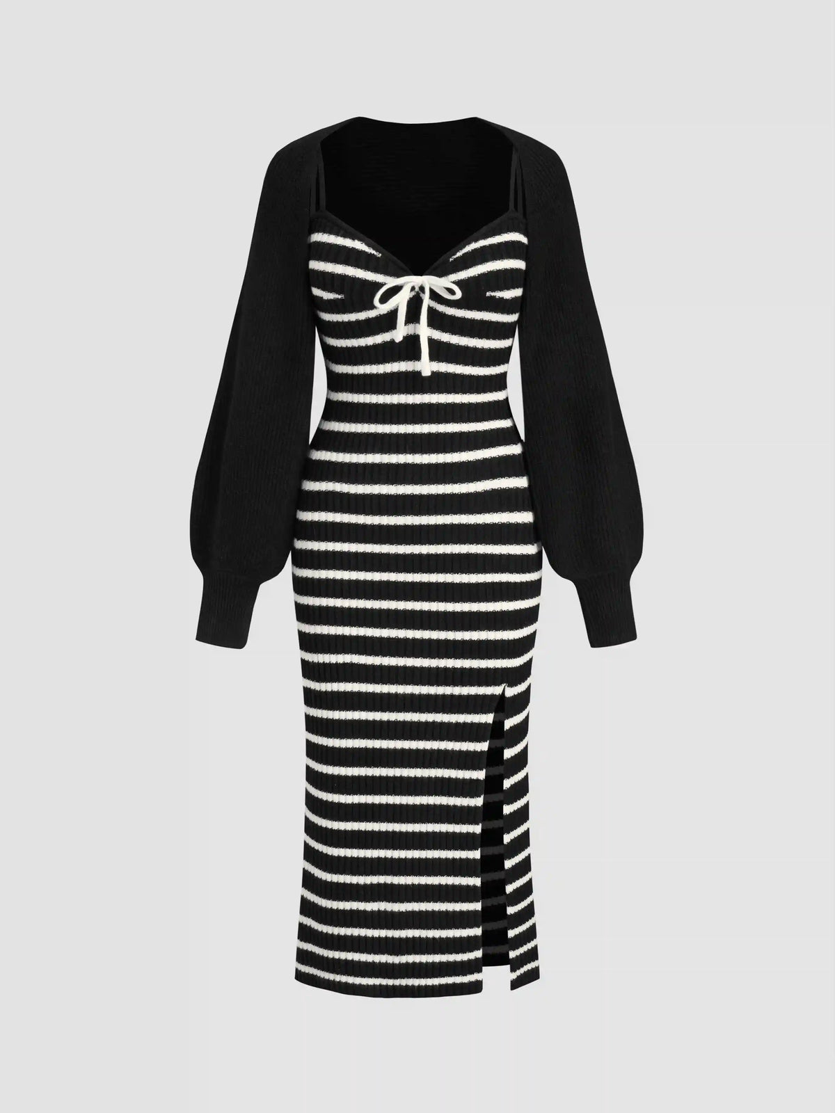 Knit Sweetheart Striped Split Maxi Dress & Long Sleeve Shrug Set