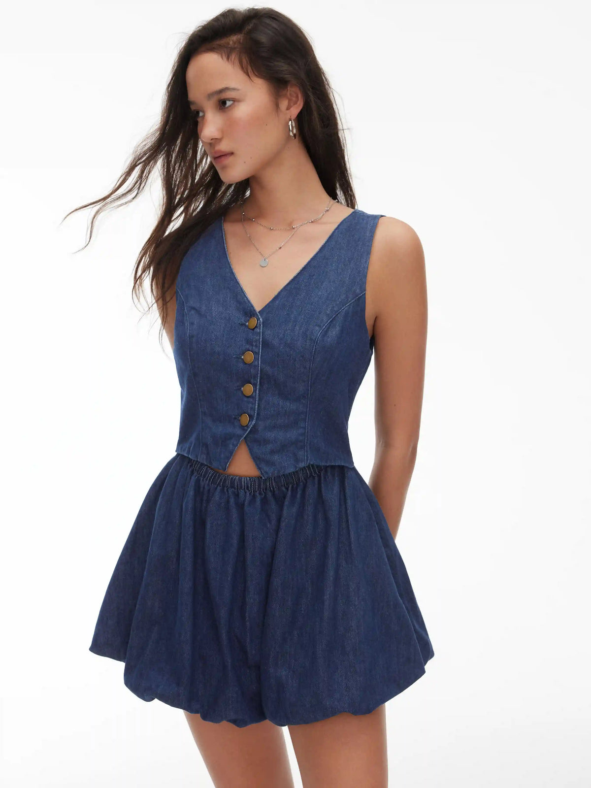 Denim V-Neck Metal Button Ruched Bubble Mini Dress