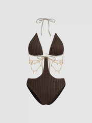 Shaping Lettuce Trim Cut Out Shell Chain O-Ring One Piece Swimsuit
