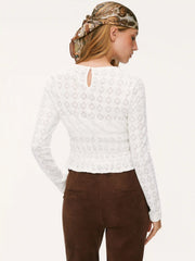 Texture Round Neckline Lace Hollow Out Ruched Top