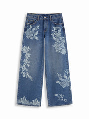 Washed Denim Low Rise Floral Wide Leg Jeans