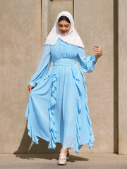 Chiffon Stand Collar Ruffled Lantern Sleeve Flared Maxi Dress