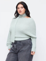 Knit Wool-blend Asymmetrical Neck Long Sleeve Oversized Top With Scarf Curve & Plus