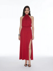Halter Neckline Backless Split A-line Maxi Dress