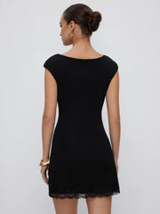Cotton-blend Boat Neck Ruched Lace Panel A-line Mini Dress