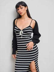Knit Sweetheart Striped Split Maxi Dress & Long Sleeve Shrug Set
