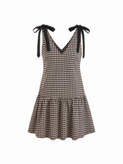 Gingham V-neck Mini Dress With Bowknot Tie Straps
