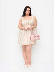 Cotton Floral Square Neck Bowknot Flared Mini Dress Curve & Plus