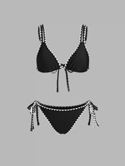 Geometric Contrasting Binding Triangle Tie Side Bikini Set