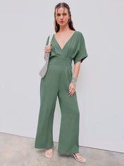 Linen-blend V-neck Solid Corset Middle Sleeve Pocket Jumpsuit
