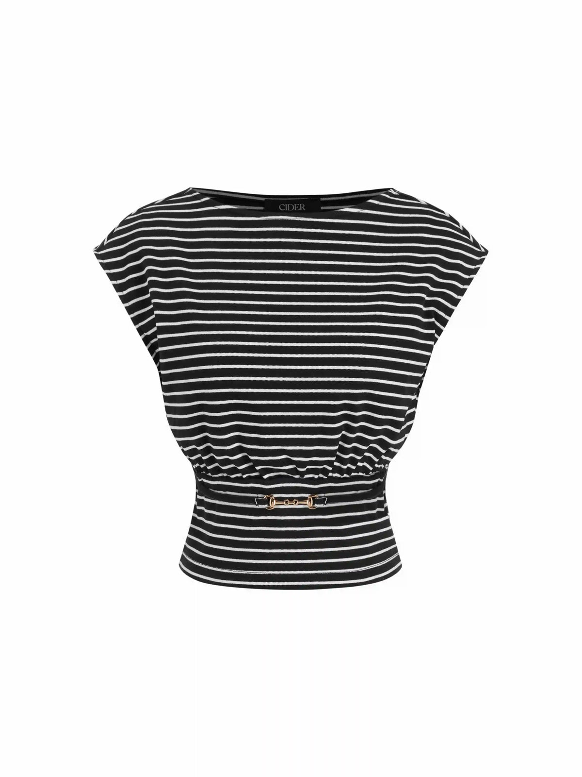 Cotton-blend Boat Neck Striped Metal Detail Short Sleeve Top