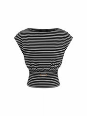 Cotton-blend Boat Neck Striped Metal Detail Short Sleeve Top
