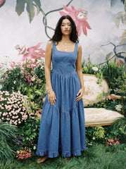 Denim Square Neck Ruffle Tiered Maxi Dress