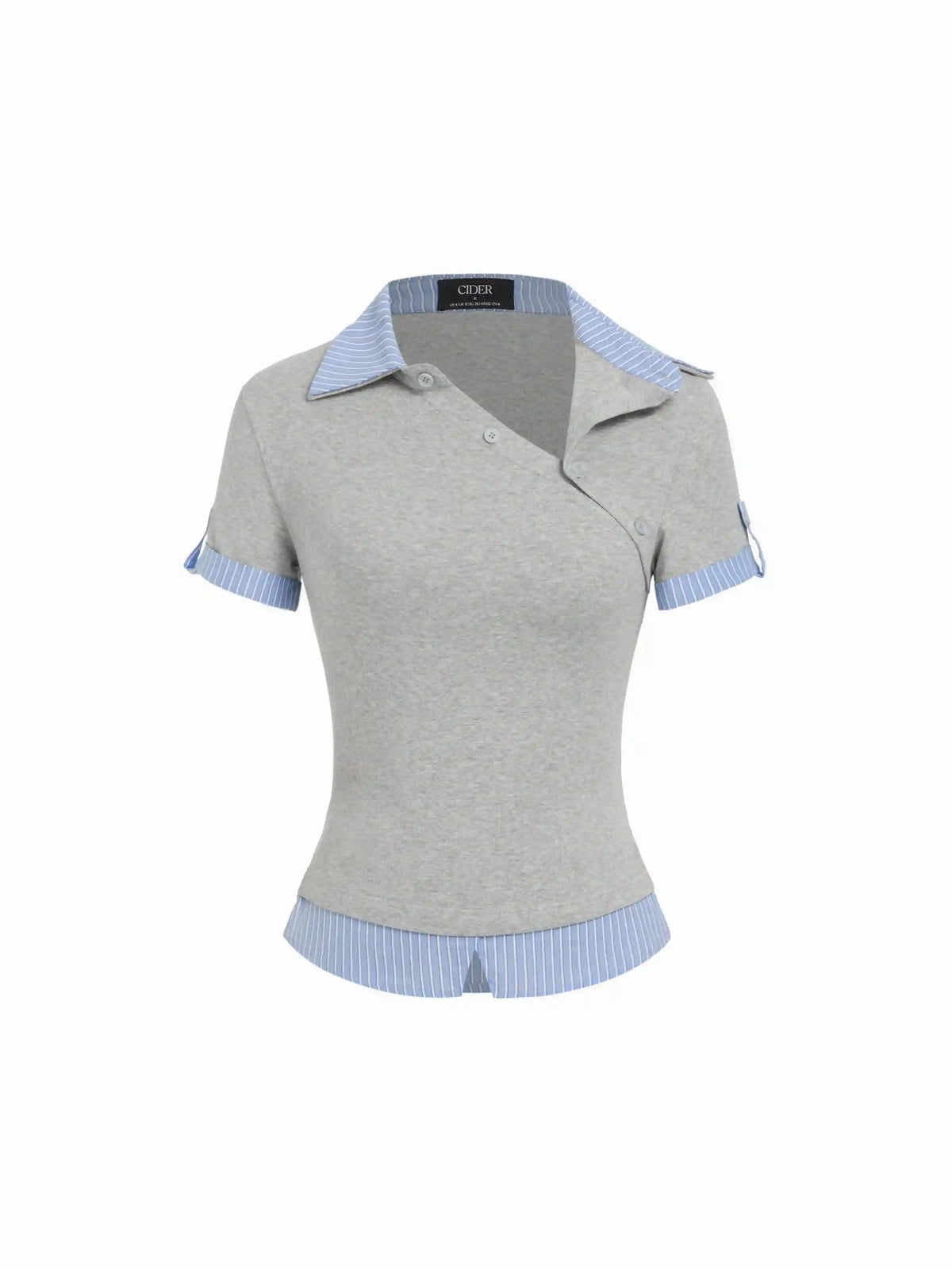 Cotton Striped Asymmetrical Polo Neck Short Sleeve Top
