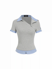 Cotton Striped Asymmetrical Polo Neck Short Sleeve Top