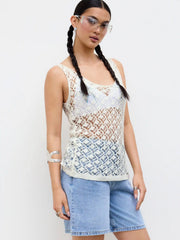 Knit U-neckline Hollow Out See-through Oversized Tank Top