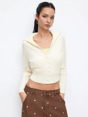 Knit Collar Solid Hollow Out Long Sleeve Cardigan