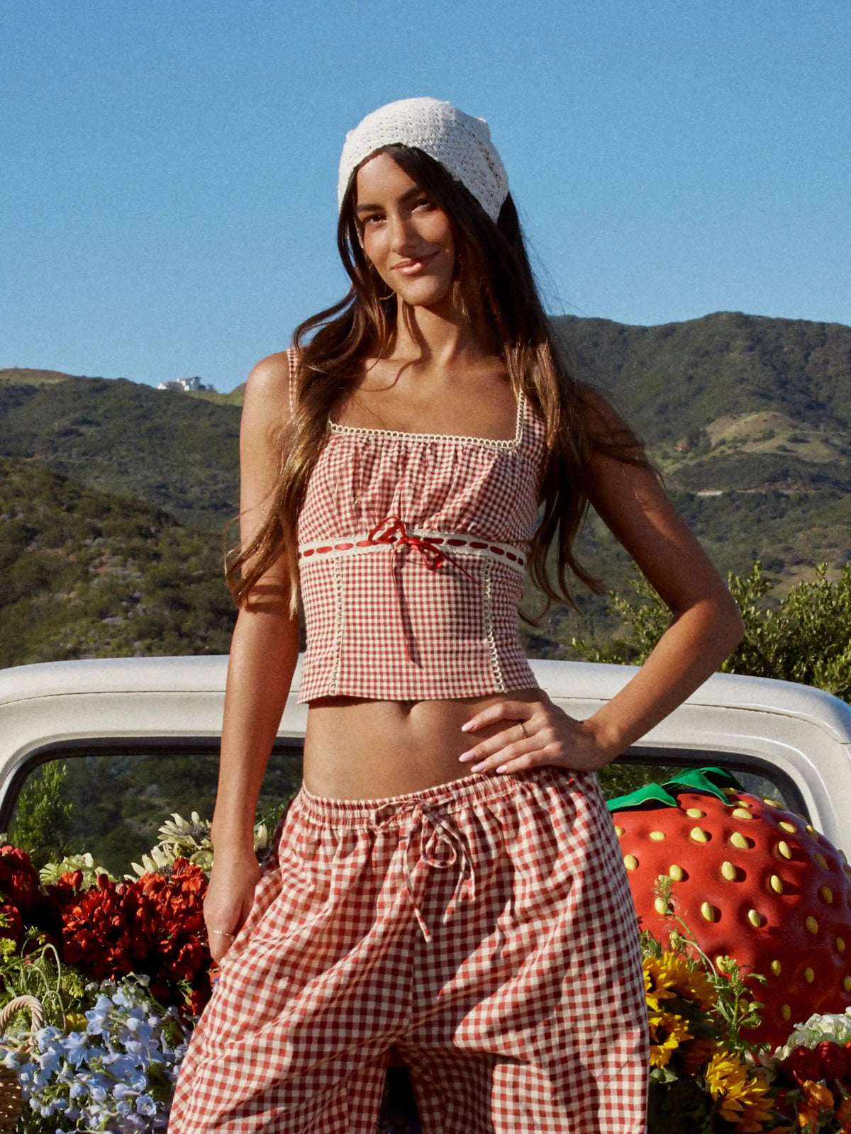 Gingham Square Neck Ruched Corset Tank Top