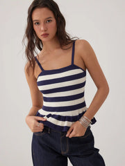 Knit Striped Square Neckline Peplum Hem Cami Top