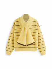 Knit Wool-blend V-neck Striped Oversized Top With Scarf