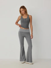 Cotton-blend Tank Top & High Rise Polka Dot Flared Trousers Set