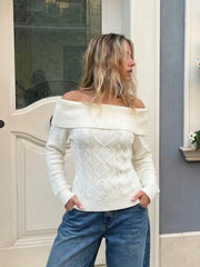 Cable Knit Off-shoulder Long Sleeve Top