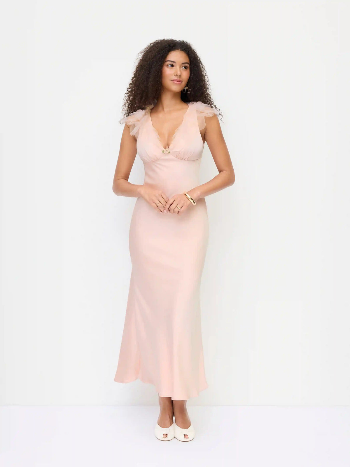 Satin V-neck Ruffle Rosette Low Rise Maxi Dress