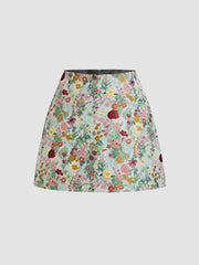 Jacquard Mid Rise Floral Zipper Mini Skirt