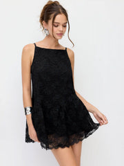 Cotton-blend Lace Boat Neck A-line Ruffle Hem Mini Dress