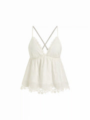 Cotton Broderie Anglaise V-neck Scallop Lace Trim Cami Top