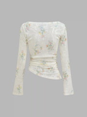 Top de manga larga floral asimétrico con estampado de cuello en barco