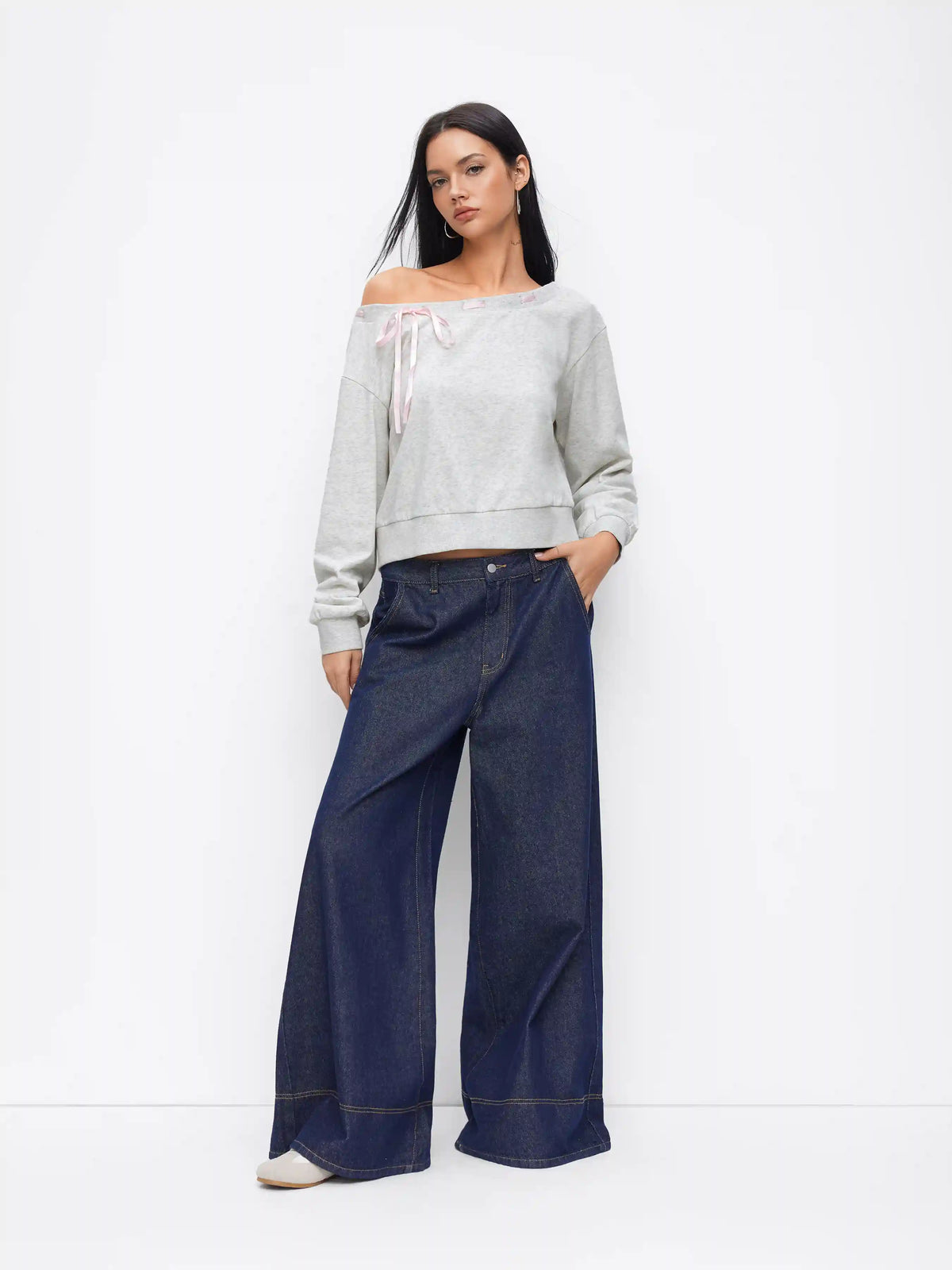 Cotton-blend Asymmetrical Neck Knotted Oversized Sweatshirt